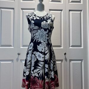 Floral Sleeveless Dress - Navy, Red and White